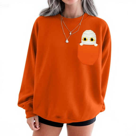 Womens Sweatshirts Halloween Sweatshirts Printed Round Neck Long Sleeved Sweatshirts Orange M