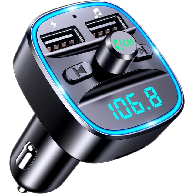 Transmisor de audio Bluetooth para coche, transmisor FM Bluetooth 5.0, reproductor de música MP3 inalámbrico, llamadas manos libres, dos puertos USB (5 V/2,4 A y 1 A), cargador para coche, compatible