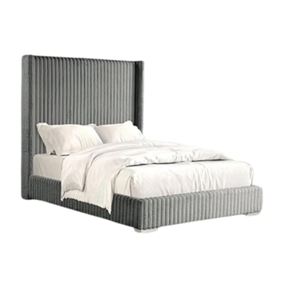 Wolo King Bed-Gray Fur Chenille Ribbed Upholstery-Wing Headboard