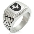 thumbnail image 1 of Stainless Steel Horse Battle Coat of Arms Shield Geometric Pattern Step-Down Biker Style Polished Ring, 1 of 1