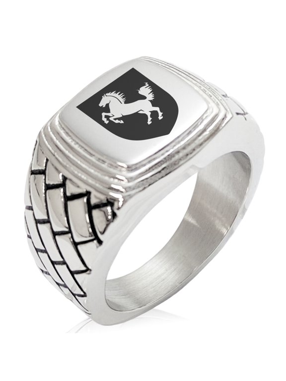 Stainless Steel Horse Battle Coat of Arms Shield Geometric Pattern Step-Down Biker Style Polished Ring