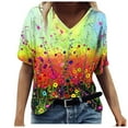 thumbnail image 1 of Birdeem T-Shirt à Col en V pour Femmes, Mode Décontractée, Grande Taille, Imprimé de Fleurs Pittoresques, 1 of 3