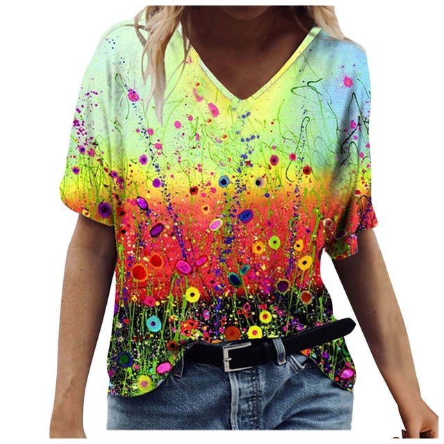Birdeem T-Shirt à Col en V pour Femmes, Mode Décontractée, Grande Taille, Imprimé de Fleurs Pittoresques