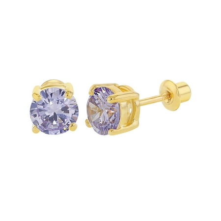 18k Gold Plated Prong Set June Purple CZ Girls Screw Back Earrings 0.23