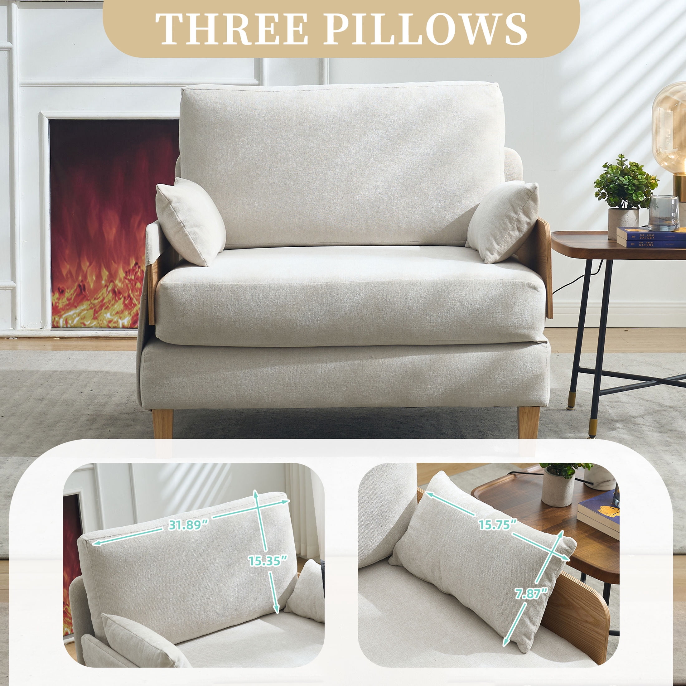 Noble House 3-in-1 Convertible Chenille Sofa Bed Chair, Foldable Sleeper Recliner with 3 Pillows, Beige