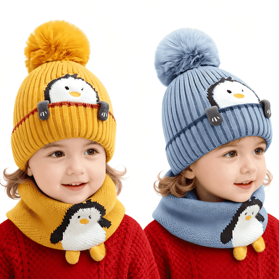 Baby Kids Winter Warm Hats, Infant Toddler Children Pom Pom Beanie Knit Cap Girls Boys-2 Piece