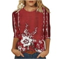 thumbnail image 2 of Viluyesy 3/4 Sleeves T-Shirt Women Round Neck Shirt Tops Relaxed Loose Blouse Red Size S, 2 of 5