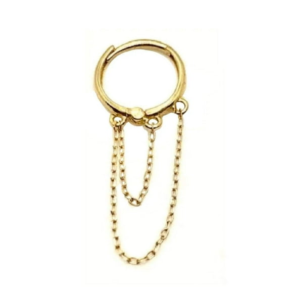 18K Solid Yellow Gold Double Looped chain 11 mm Huggie Hoop Earrings