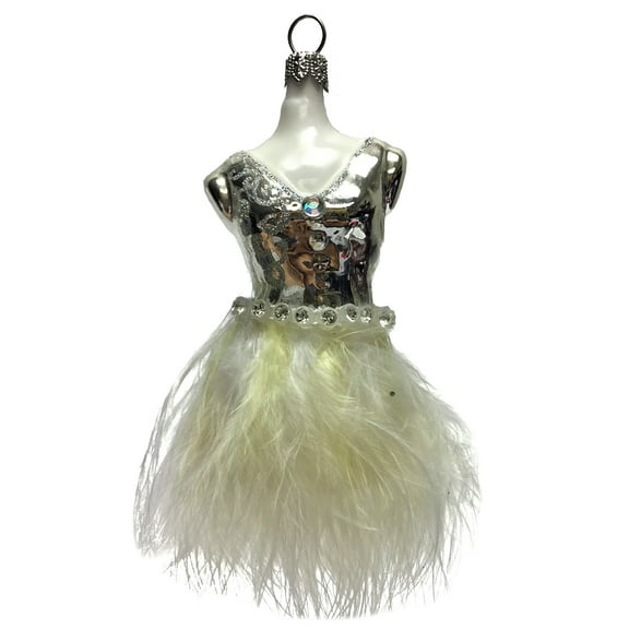 Silver Dress with White Yellow Feathers Polish Glass Christmas Ornament Fashion
