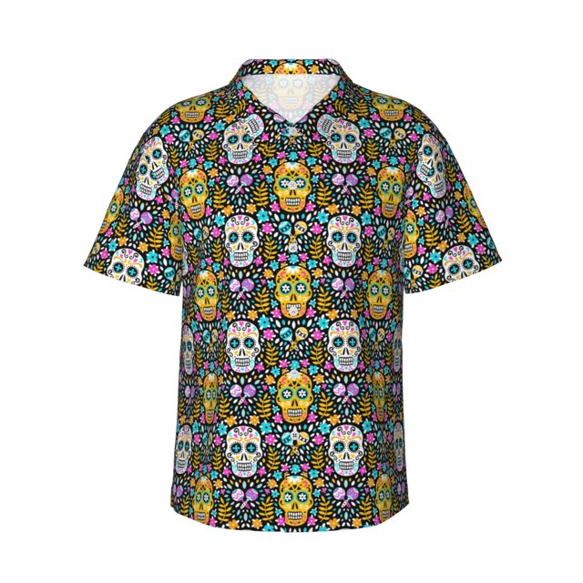 Balery Sugar Skulls Camisas hawaianas de manga corta para hombre, camisas playeras de corte holgado, camisas de vacaciones con botones,Large