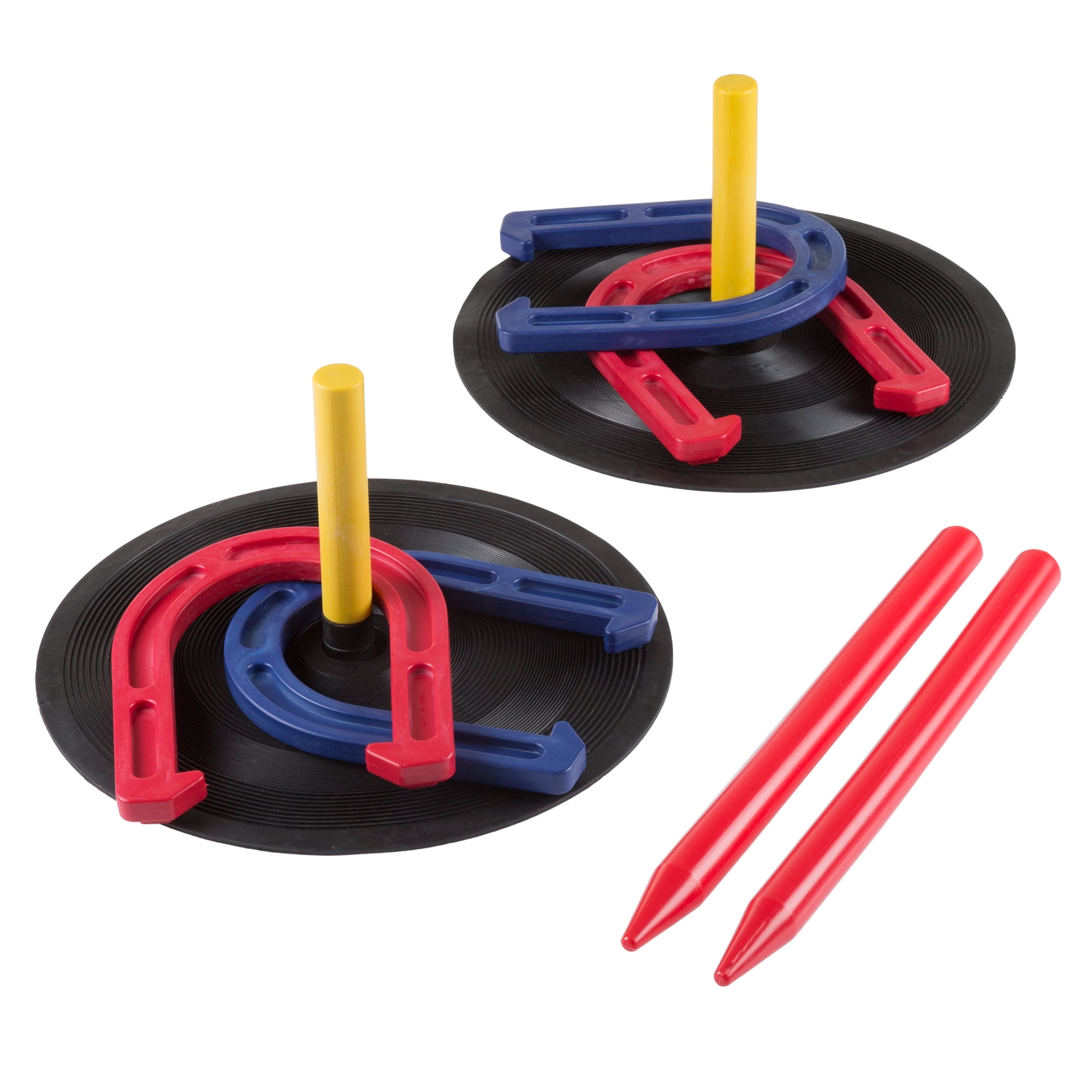 Win SPORTS Outdoor Indoor Rubber Horseshoes Set Includes 4 Horseshoes,2 Pegs,2 Rubber Mats,2 Red Plastic dowels,Beach Games Perfect for Tailgating,Camping,Backyard,Fun for Kids Adults 