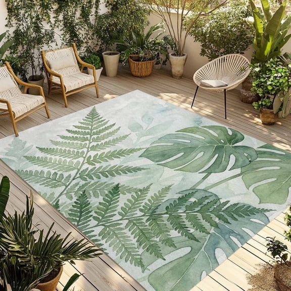 Summer Botanical Outdoor Rug for Patio/Deck/Porch, Non-Slip Large Area Rug 6 x 9 Ft, Green Palm Leaves Tropical Plant Indoor Outdoor Rugs Washable Area Rugs, Reversible Camping Rug Carpet Runner