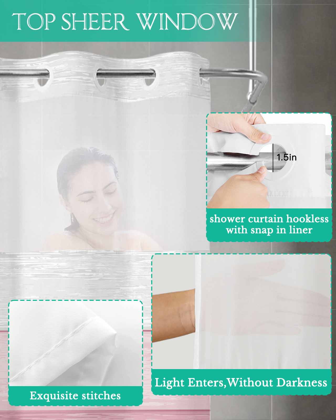 No Hook Shower Curtain with Snap in Liner, Pink Striped Gradient Rustic Wood Board Hotel Shower Curtains for Bathroom, Washable Shower Curtain Liner Set with Mesh Top Window, 36"x78"