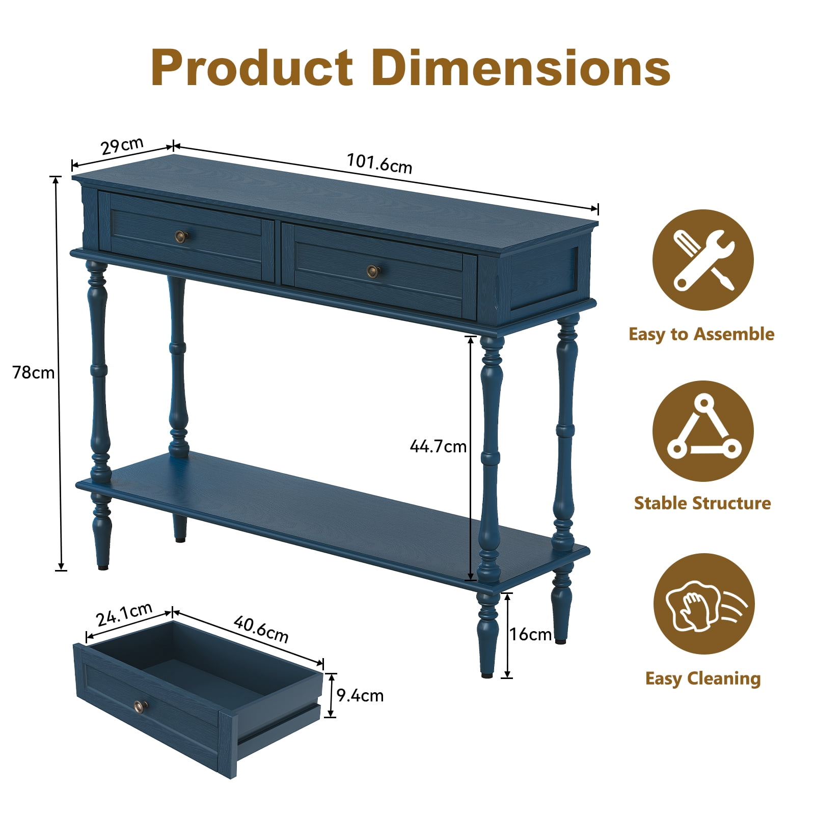CBJCBJ40"Vintage Minimal Assembly Console Table with 2 Storage Drawers,Suitable for Living Room,Blue