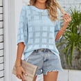 thumbnail image 4 of Camiseta de verano recortada lisa cuello redondo manga 3/4 tejido protector solar Top de mujer para playa al aire libre diario azul claro M, 4 of 7