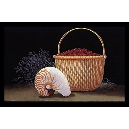Nantucket Harvest - buyartforless FRAMED Nantucket Harvest by Robert Duff 24x17 Art Print Poster Still Life Painting Conch Shell Cranberry Basket and Purple Fowers