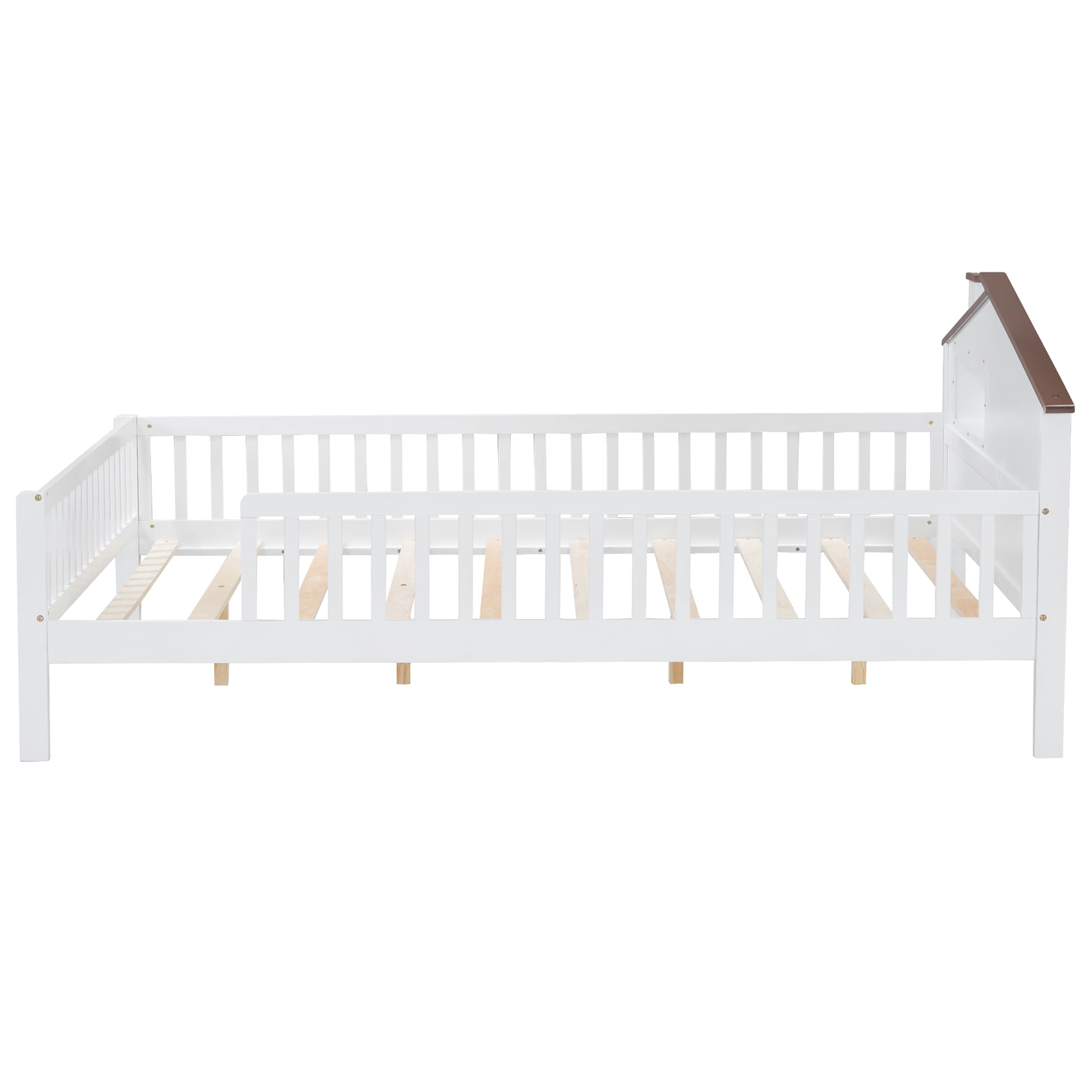EUROCO Wood Full Size Platform Bed Frame with House Like Roof and LED Light, White