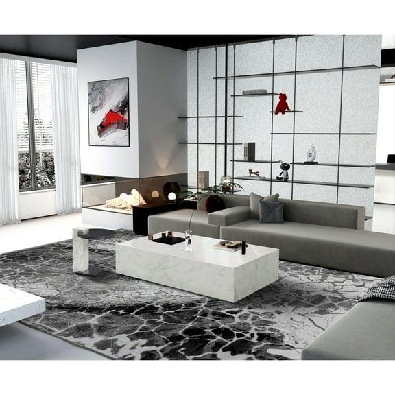 Homestock Rococo Radiance Rectangular Coffee Table, High Gloss White Marble, With Castors.