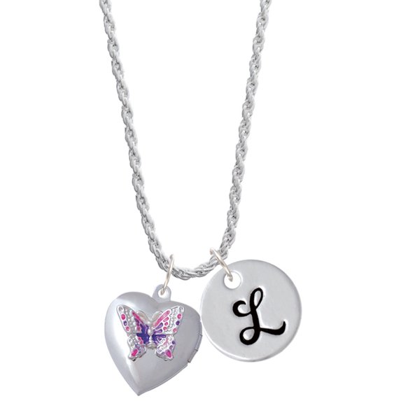 Delight Jewelry Silvertone Pink & Purple Butterfly Locket Silvertone Script Initial Disc - L - Charm Necklace, 20"+3"