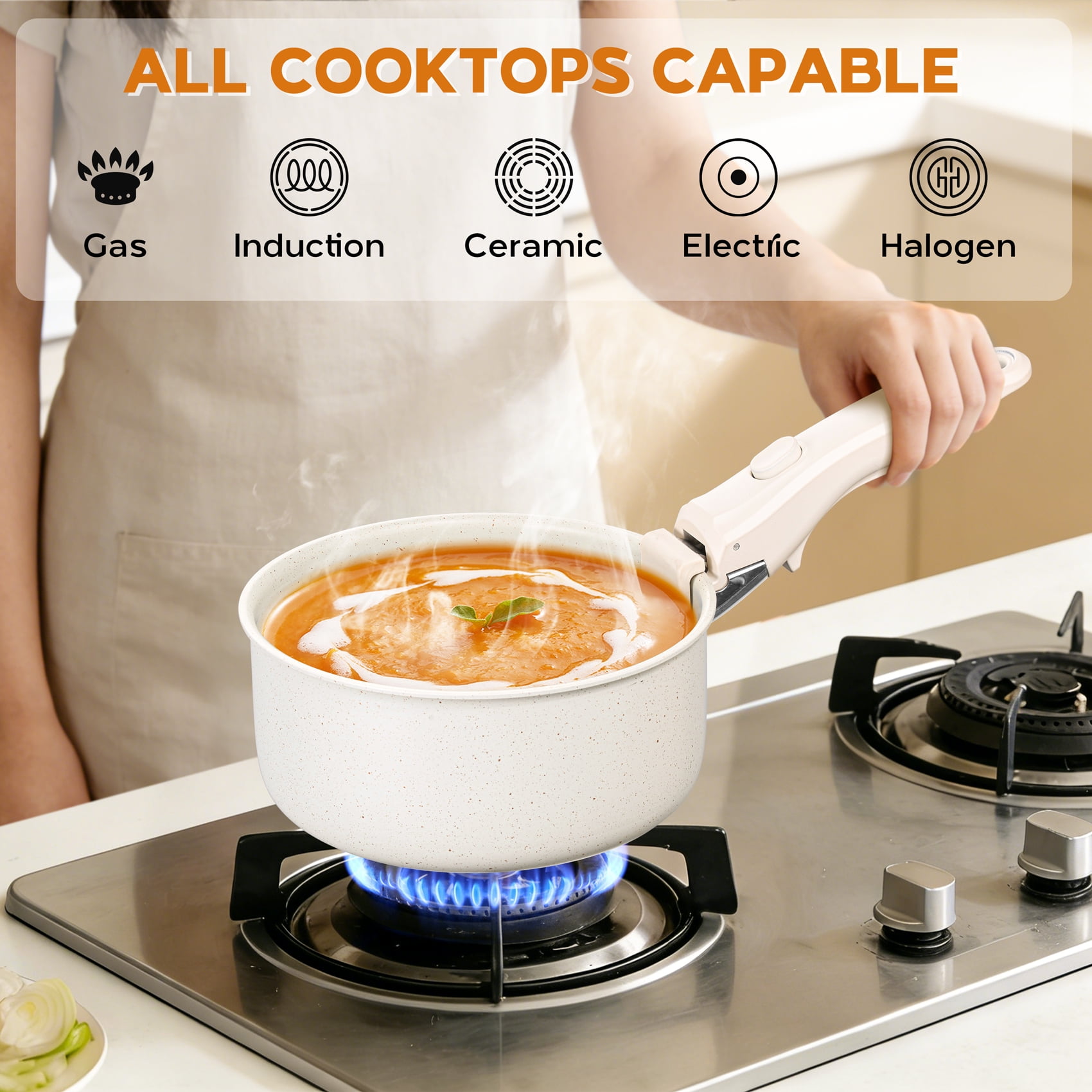 Walchoice 5Pcs Pots and Pans Set, Granite Nonstick Cookware Set with Detachable Handle, Stackable Kitchen Cooking Set with Saucepan Frying Pans, Induction Compatible & Oven Safe - Cream White