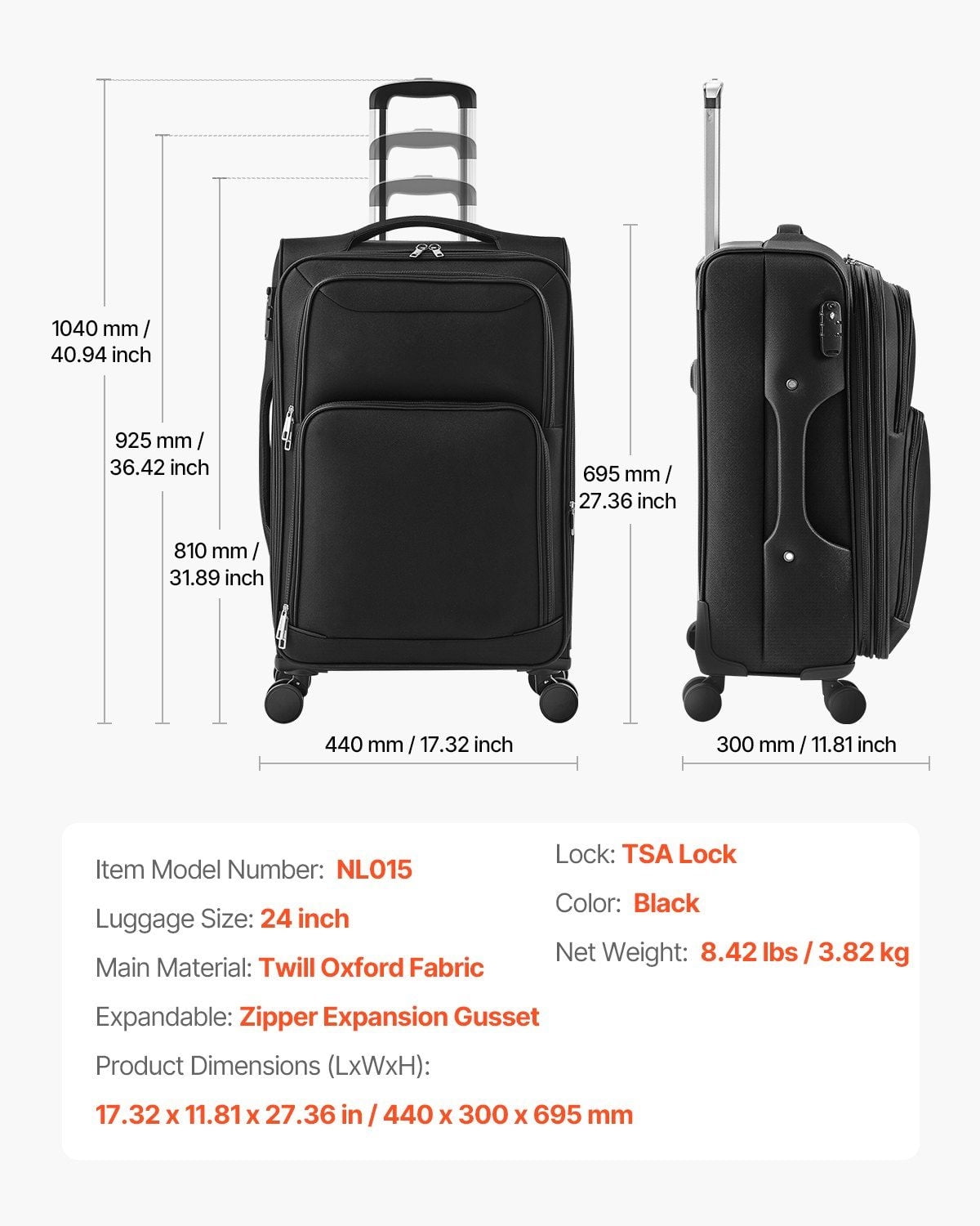 24-Inch Softside Expandable Spinner Luggage - Lightweight Checked Suitcase with 360° Wheels, Black Carry-On Travel Bag, Multiple Pockets, Durable Zipper, TSA Lock Ready