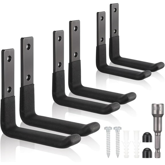 Heavy Duty Ladder Hooks for Garage Wall Storage - 6-Pack Metal J-Hooks, Utility Hangers for Ladder, Shovel, Tools (50 lb Capacity)