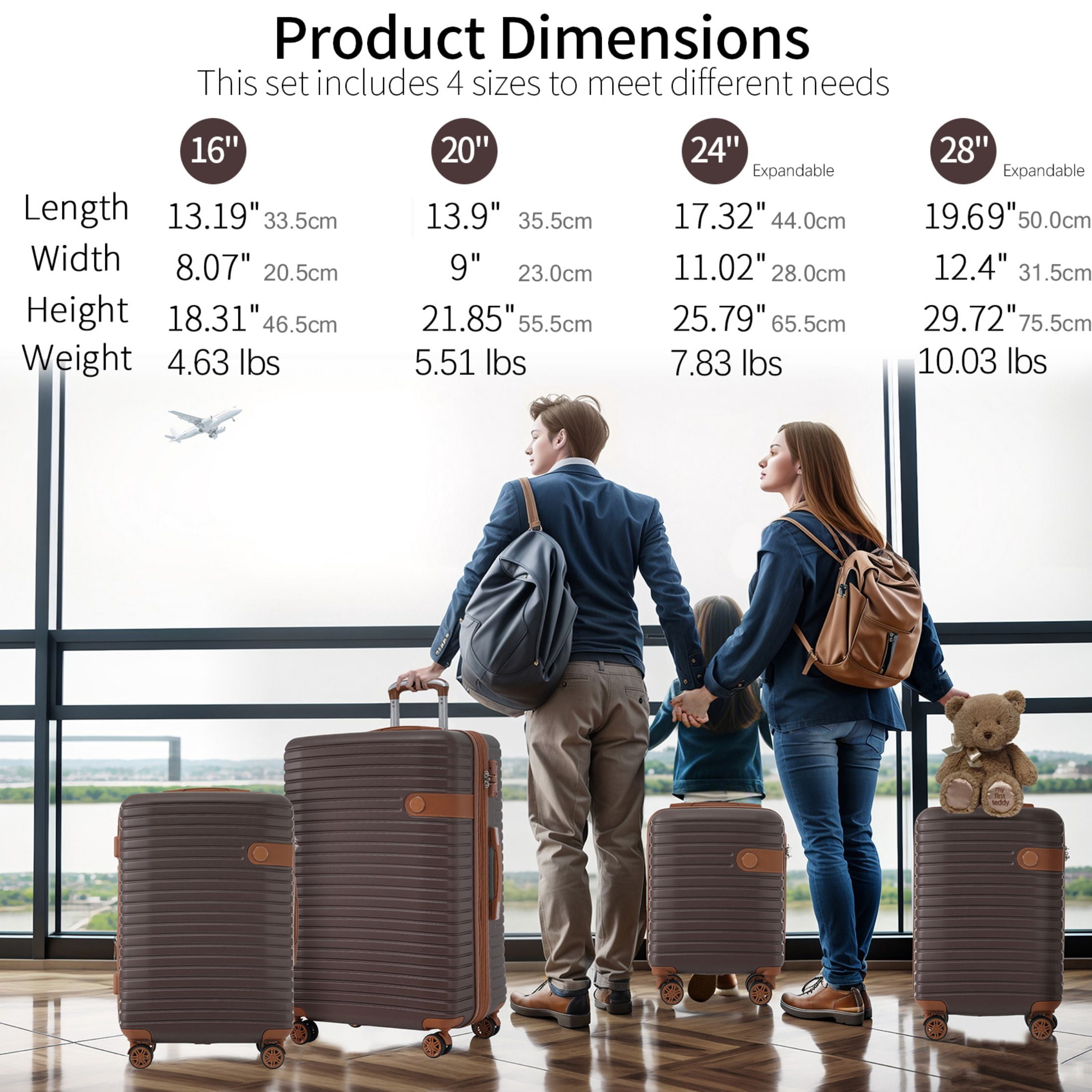 Aukfa 4 Piece Luggage Sets with 4 Packing Cubes, Expandable Hard Shell Suitcase for Travel, Spinner Wheels (16/20/24/28in), Brown