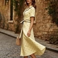 thumbnail image 6 of Karymi Polka Dot Print Vintage Midi Dress, Lapel V Neck Short Sleeve Contrast Trim Button Front A-Line Dress with Self Tie Belted Waist Cocktail Dresses for Women, 6 of 7