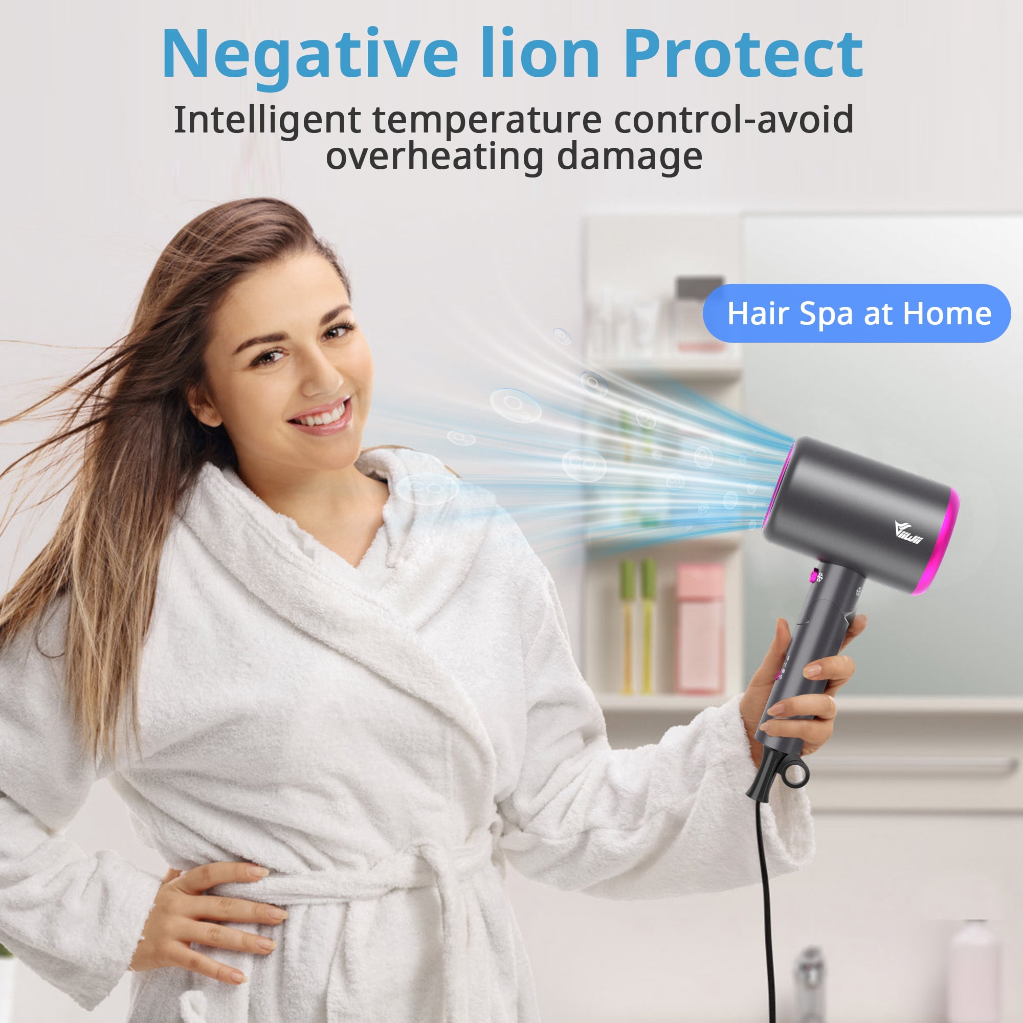 VIIWII Professional 2000W Ionic Hair Dryer , Fast Drying, Low Noise & Frizz Control, Foldable Lightweight Blow Dryer with Concentrator & Diffuser for Travel, Salon Home
