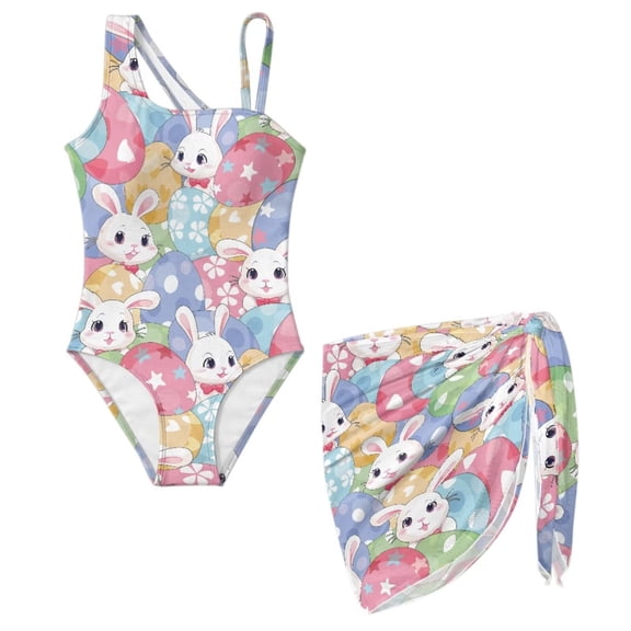 SEANATIVE Swimsuits for Teen Girls One Piece Bathing Suit See Through Short Skirt Cover Ups Cut Out Back Beachwear for Surfing Water Park, Size 7-8, Rabbit Colorful Easter Egg Floral