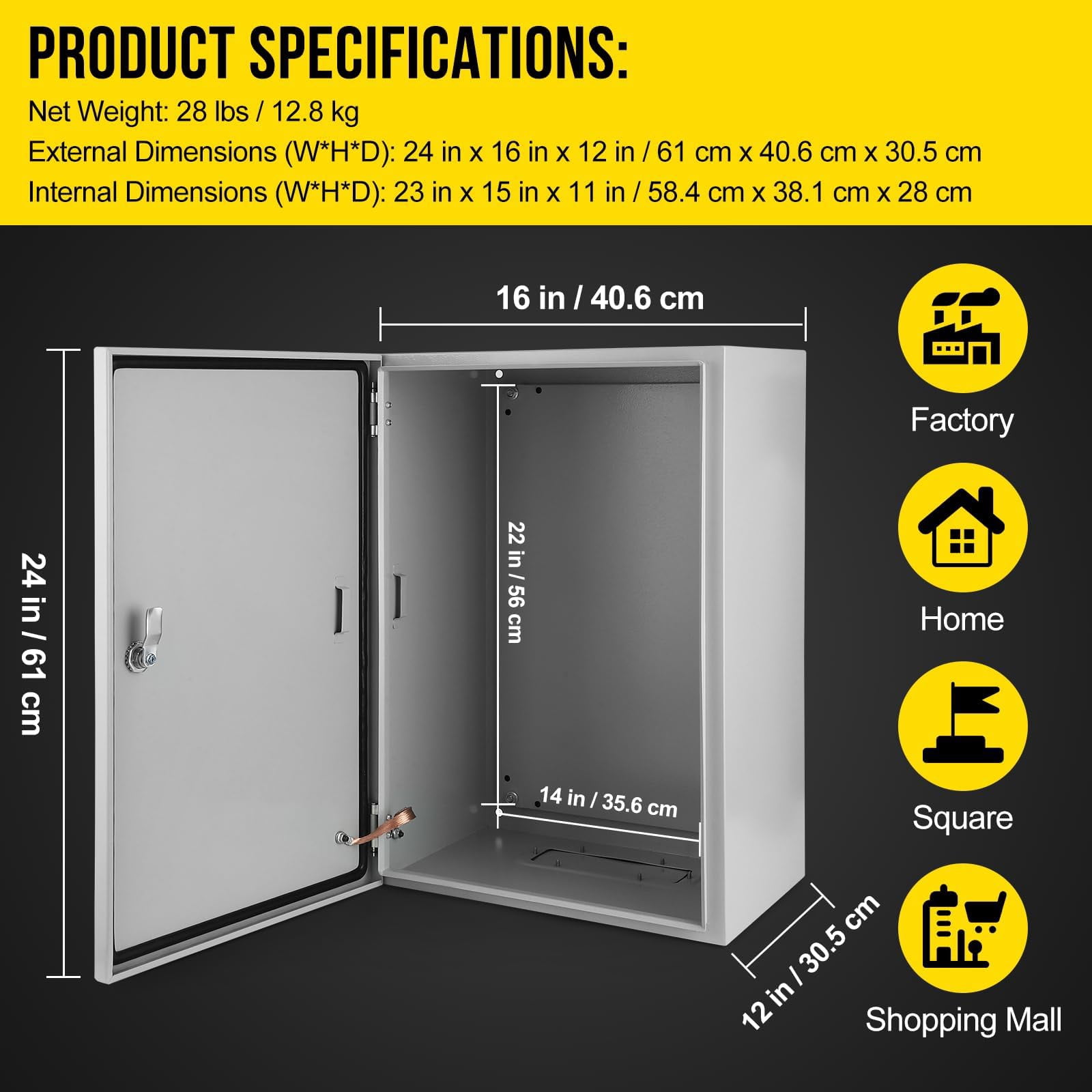 24X16x12 Steel Electrical Box, NEMA 4/4x Steel Electrical Junction Box, IP66 Waterproof & Dustproof Hinged Enclosure - Lockable, with Mounting Plate, for Indoor/Outdoor Electrical Projects