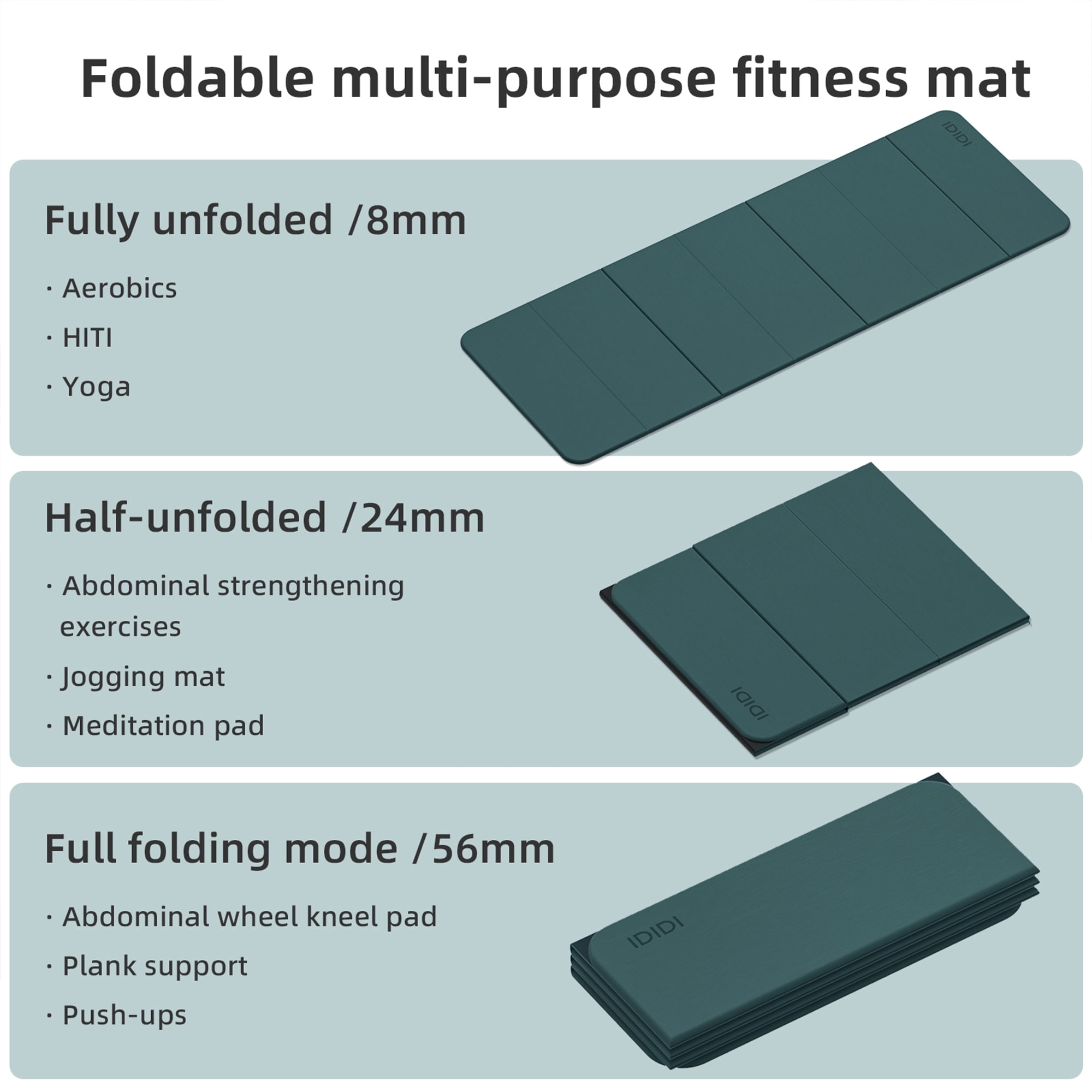 IDIDI Foldable Yoga Mat, 8mm Thick, Non Slip Exercise Mats For Home and Travel, Quick Unfold/Stor, Flat Lay No Curl Design(Green+Black)