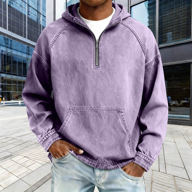 Ceisia Men's Loose Fit Washed Distressed Denim Half-Zip Hooded Pullover Sweatshirt Gifts