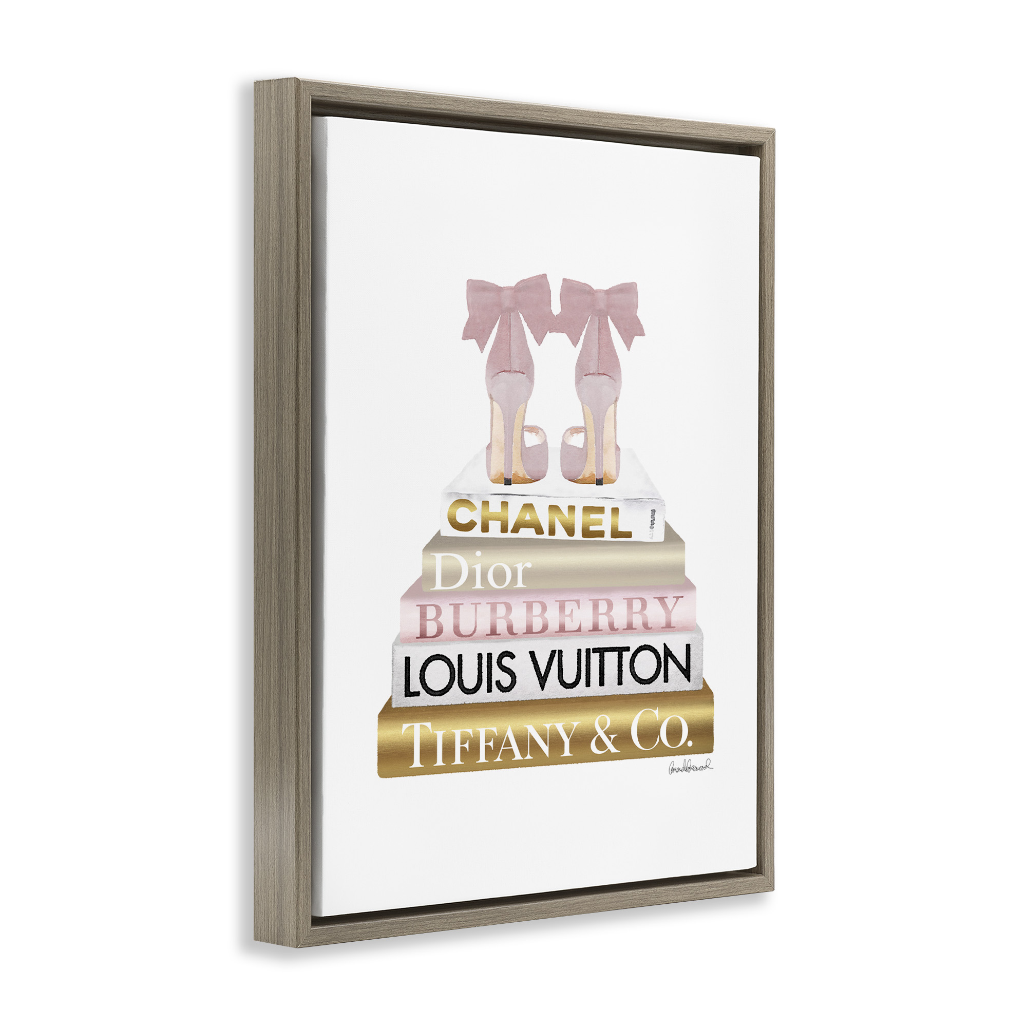 Stupell Industries Pink Gold Heels Bookstack Beauty & Fashion Painting Brown Floater Framed Canvas Art Print Wall Art, 25 x 31