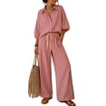 thumbnail image 3 of Women's Two Piece Lounge Outfits, Half Sleeve Shirts, Elastic Waist Long Pants, Cozy Two Piece Set, 3 of 5