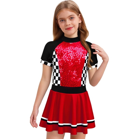 TiaoBug Kids Girls Racer Fancy Dress Checkerboard Sequins Short Sleeve Leotard Dress Dance Party Summer Wear Red 12