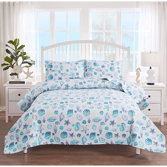 Smuge 3Pcs Quilt Set King Size, Lightweight Home Summer Bedspreads Blue Beach Conch Seashell Coverlet Set, Ocean Theme Microfiber Reversible Bedding Set with 2 Pillow Shams
