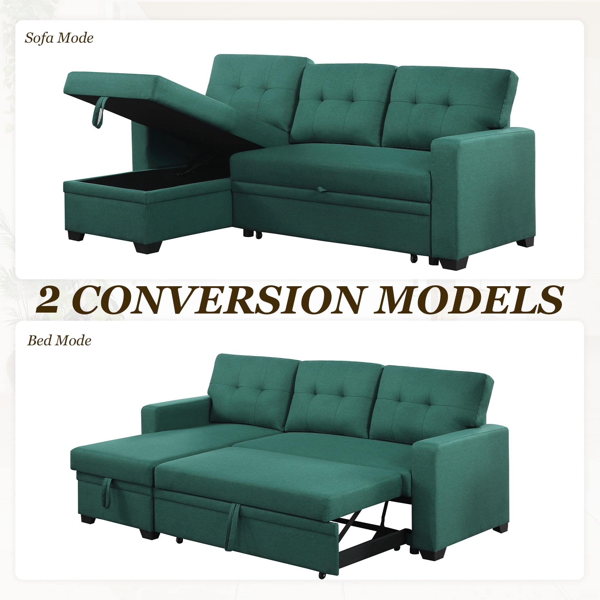 MOONMISS Sectional Sofa Bed with Storage and Soft Seat ,Reversible Pull Out Couch for Living Room,Green