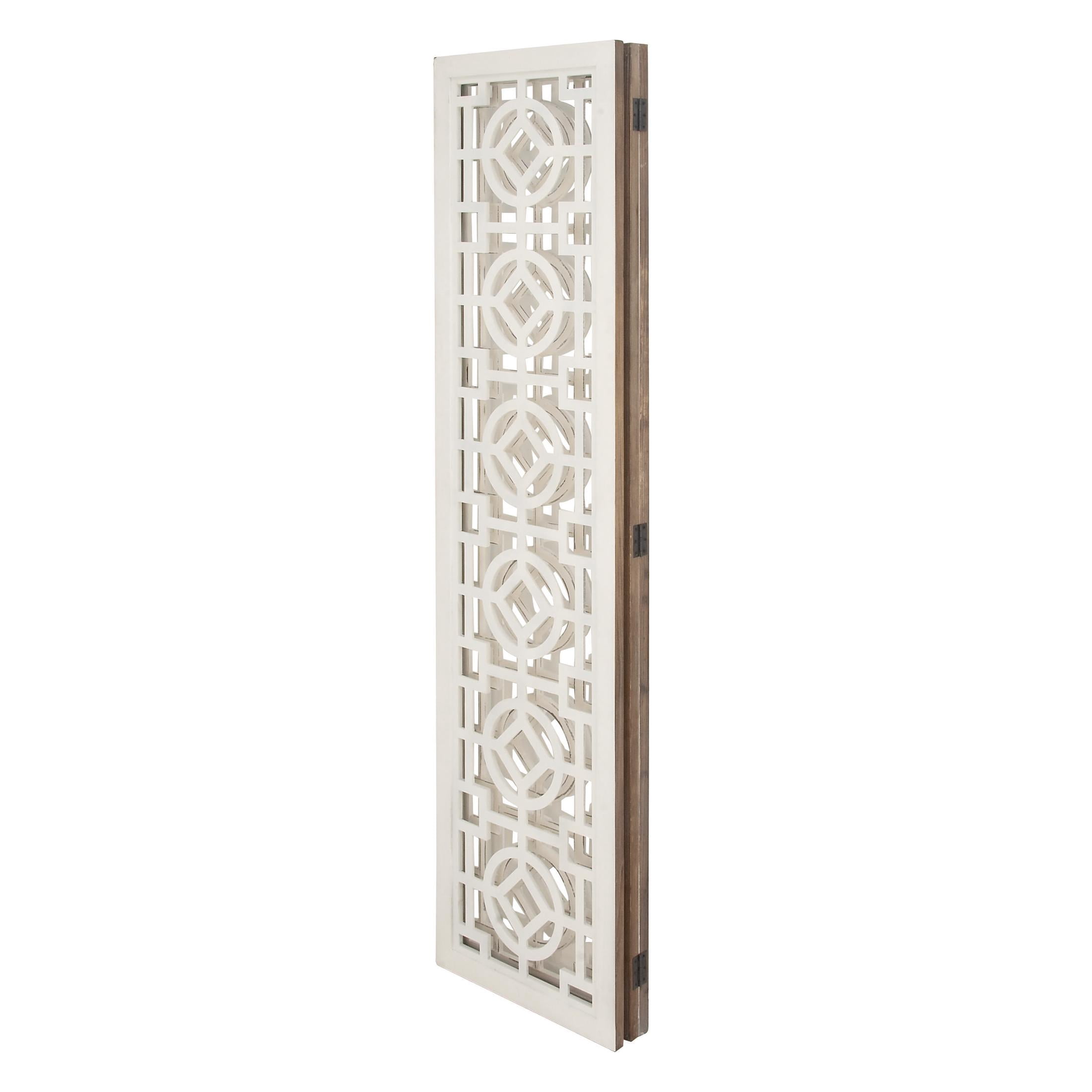 DecMode White/Pastel Brown Farmhouse Wood Room Divider Screen with Geometric Carvings, 54"W x 72"H