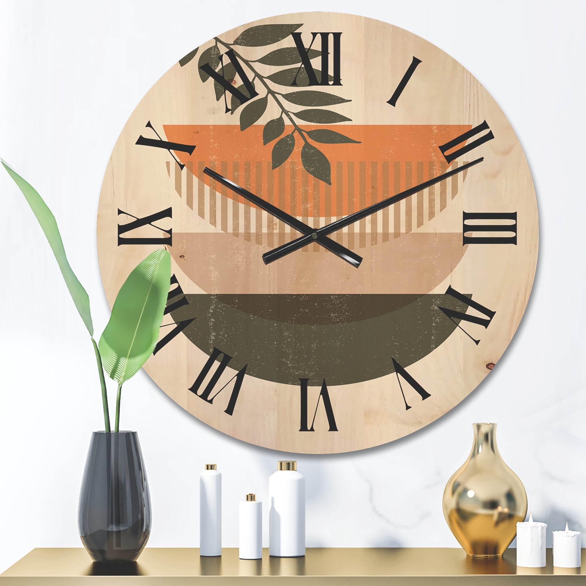 Designart 'Abstract Geometrical Moon and Sun With Leaf II' Modern Wood Wall Clock