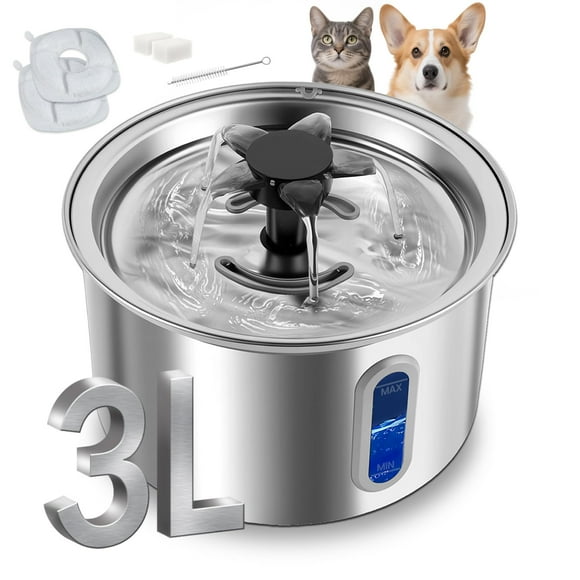 Fuente de agua para gatos ZOESEEK de acero inoxidable de 3 litros con 2 filtros