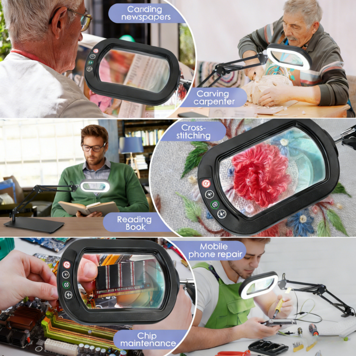 Veemagni Square Magnifying Glass with Light and Stand - Real Glass LED Magnifier with Clamp, 5 Color Modes Stepless Dimmable Hands-Free Desk Lamp for Reading Craft Hobby Close Work - Black