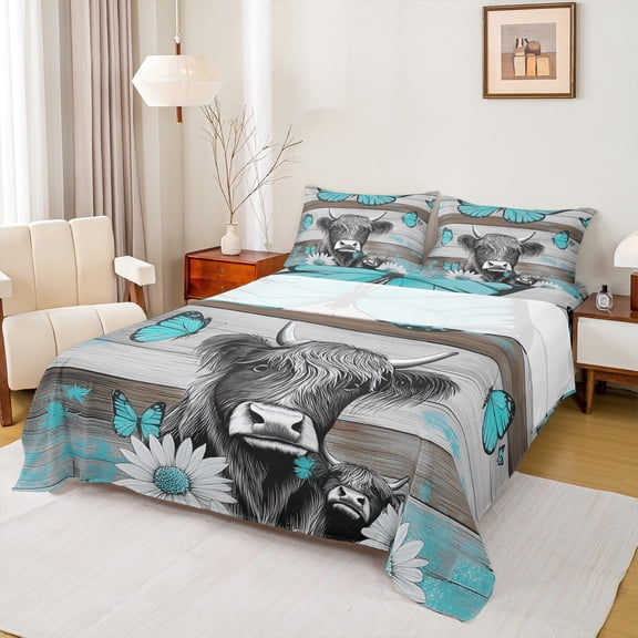 Homewish Teens Highland Bull Full Size Sheets, Dreamy Butterfly Animal Bed Sheets, Vibrant Groovy Floral Sheet Sets, Lightweight Room Decor, 4-Piece