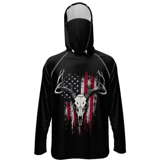SEANATIVE Fishing Hoodie with Mesh Mask for Men Sun Protection Full Face Neck Coverage 4th of July Performance Fishing Shirt USA Theme Rash Guard, S, Deer Skull American Flag Pattern Black