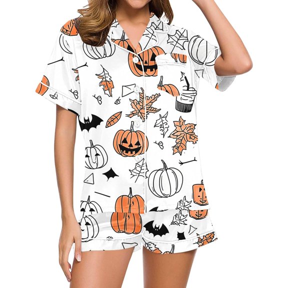 Halloween Silk Pajamas Women Casual Halloween Print Pajama Short Out Soft Two Piece Women Sleepwear Set White XL