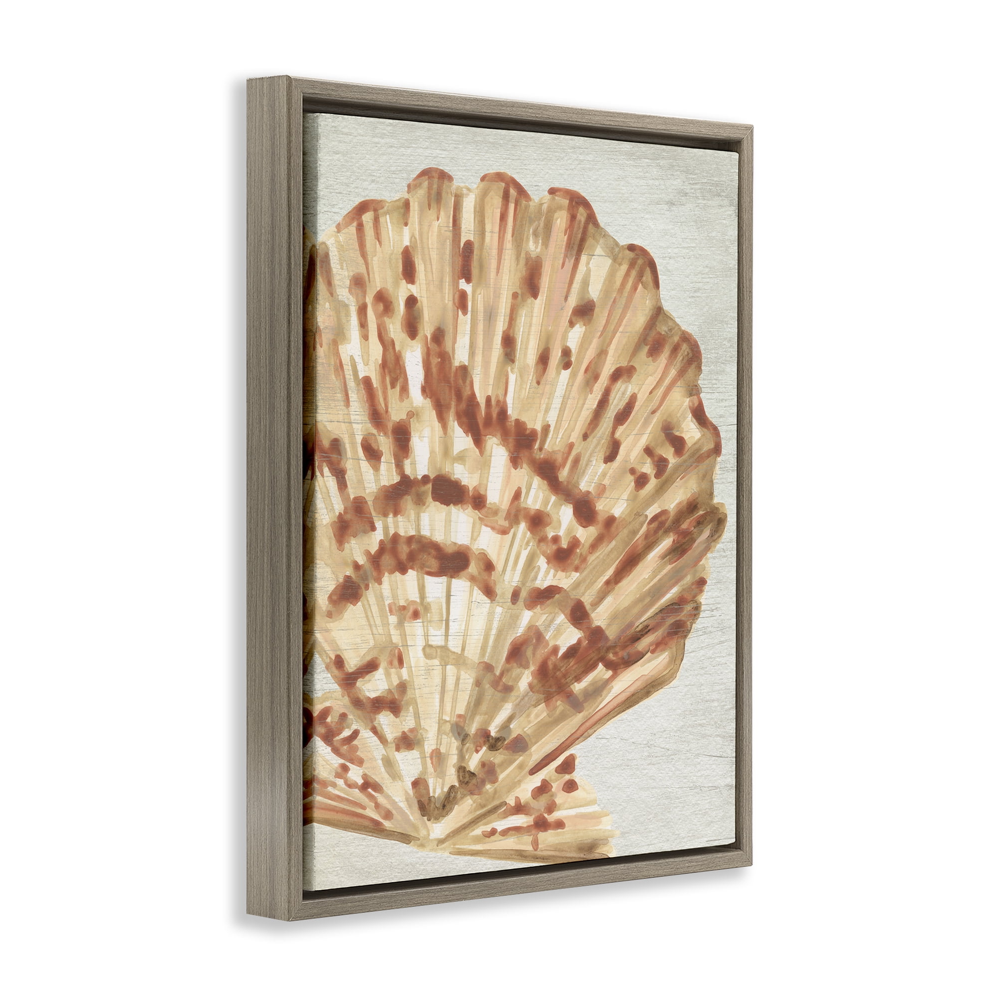 Stupell Industries Tan & Beige Clam Nautical & Beach Painting Brown Floater Framed Canvas Art Print Wall Art, 17 x 21