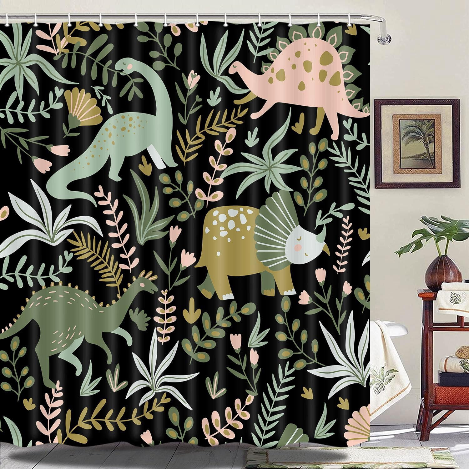 Kids Shower Curtains,Funny Dinosaur Shower Curtains, Cute Dinosaur for Boys Girls, Green Plant Leaf Flowers Colorful Bathroom Decor with Hooks Waterproof Fabric Polyester Bathtub Decorative
