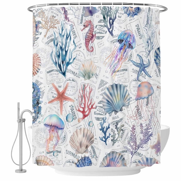 Seahorse Starfish Seaweed Fabric Shower Curtain Colorful Marine Life Washable Shower Curtains for Bathroom, Waterproof Bath Curtain with Hooks Home Decor 72x84in