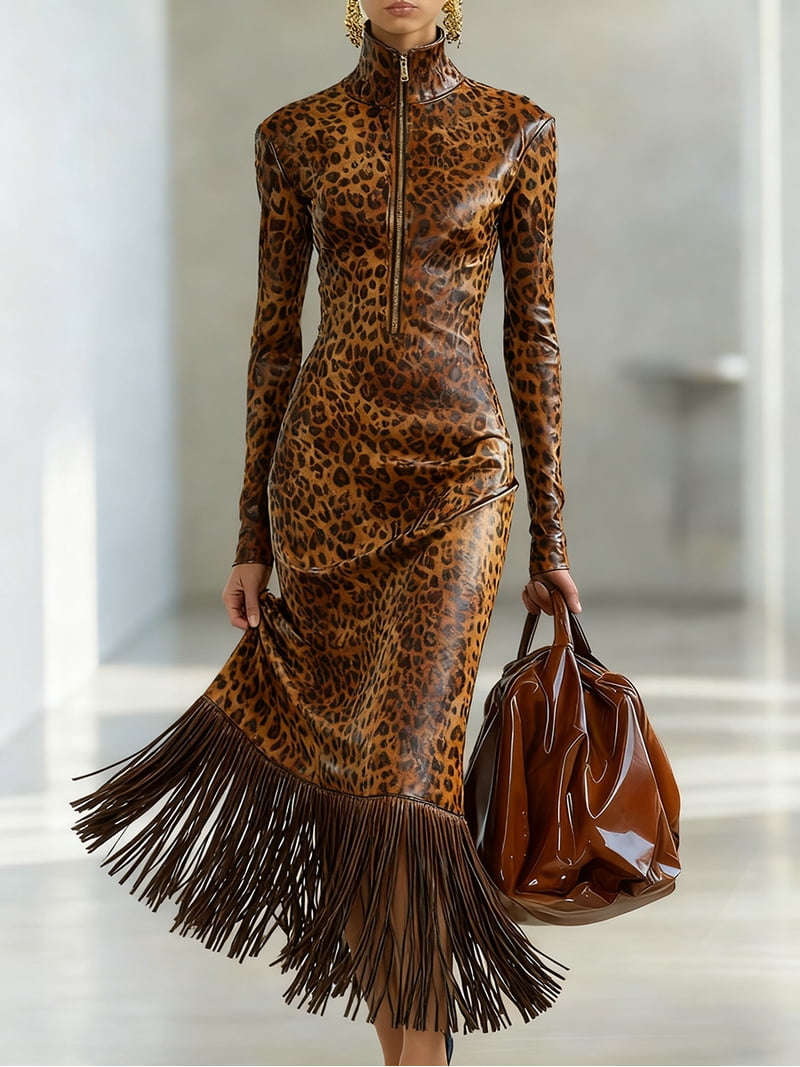 pu long sleeve dress Zanvylia Brown Leopard Print PU Leather Midi Dress High Neck Long Sleeve Evening Dress with Full Front Zipper Form Fitting Silhouette and Dramatic