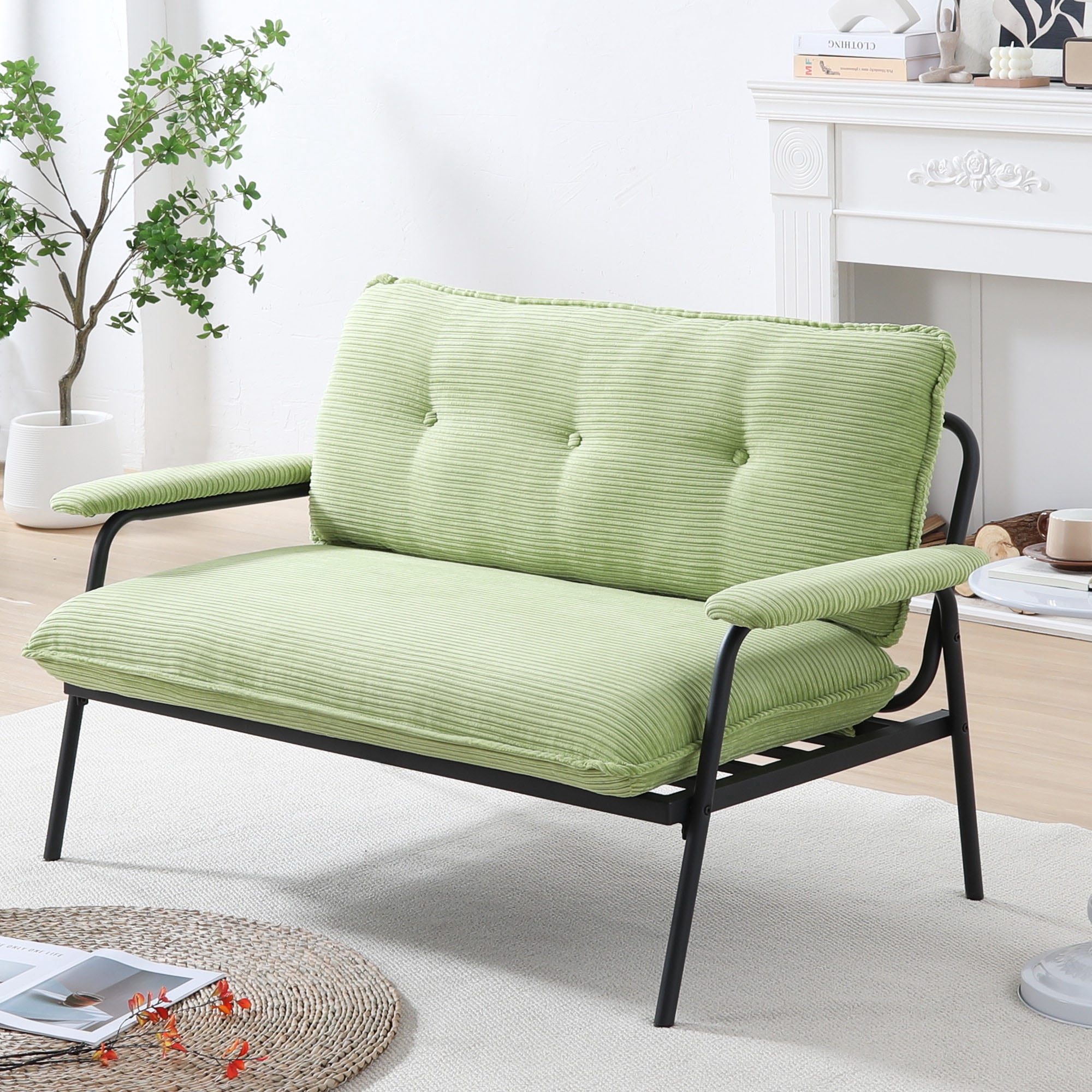 Euroco Striped Upholstered Loveseat with Button-Tufted Backrest and Metal Frame – Compact Modern Sofa for Living Room or Apartment